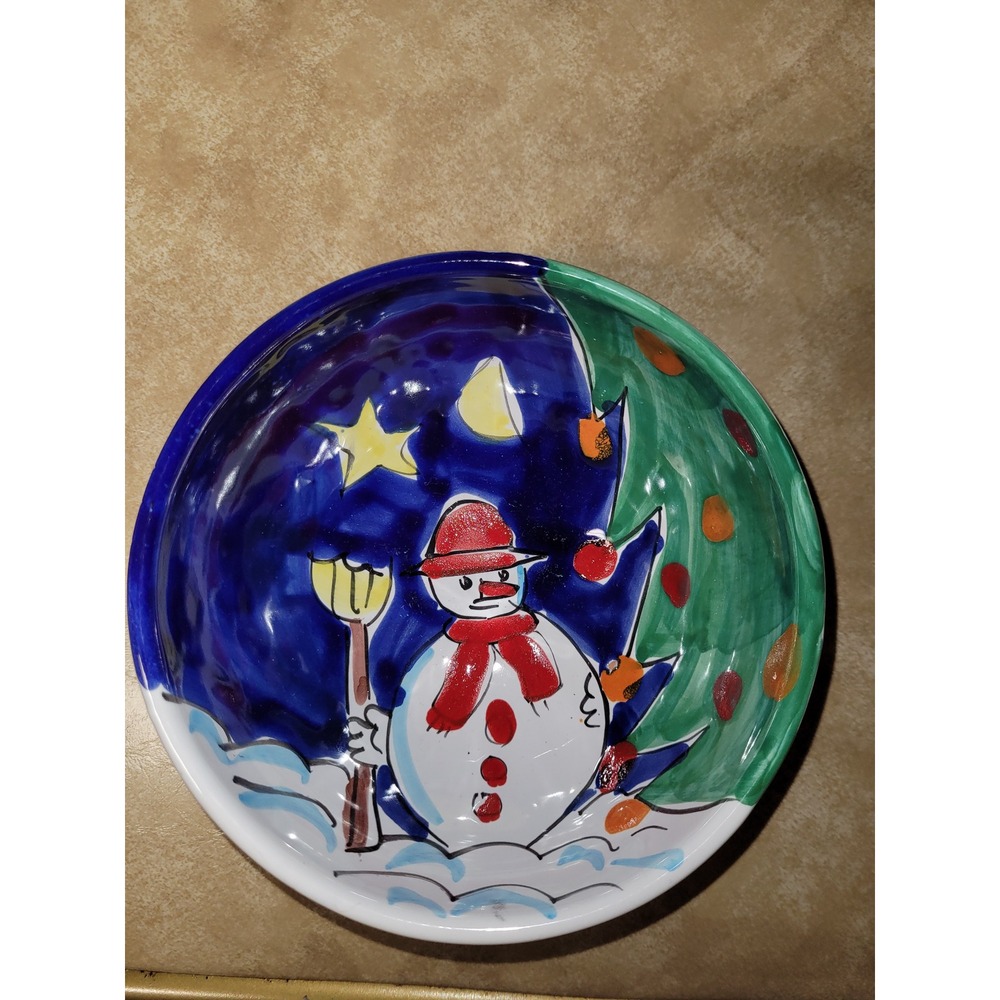 Deruta Pottery Hand Painted Holiday Snowman Tree Bowl Made in Italy